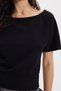 Women's Slim Fit Tight Fitting Short Bat Sleeve Boat Neck Black T-Shirt Blouse - 4
