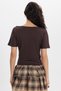 Women's Slim Fit Short Batwing Sleeve Boat Neck Brown T-Shirt - 7