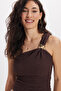 Women's Slim Fit Narrow Cut One Shoulder One Sleeve Texture Patterned Brown Blouse - 3