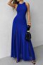 Women's Strappy Crew Neck Asymmetrical Hem Tulle Detailed Long Imported Crepe Dress - 2