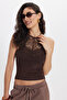 Women's Slim Fit Sleeveless Crew Neck Ruched Back Detailed Brown Blouse - 8