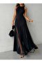 Women's Strappy Crew Neck Asymmetrical Hem Tulle Detailed Long Imported Crepe Dress - 3