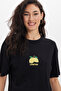 Women's Oversize Wide Cut Short Sleeve 100% Cotton Flowy Printed Black T-Shirt Blouse Blouse - 5