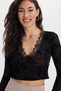 Women's Slim Fit Tight Fit V-Neck Long Sleeve Lace Detailed Black Blouse
