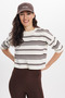 Women's Standard Fit Regular Cut Crew Neck Short Sleeve Striped Ecru T-Shirt Blouse