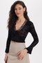 Women's Slim Fit Tight Fit V-Neck Long Sleeve Lace Detailed Black Blouse - 7