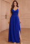 Women's Double-Breasted Collar, Rope Strap, Slit Long Crepe Dress - 2