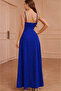Women's Double-Breasted Collar, Rope Strap, Slit Long Crepe Dress - 3