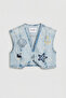 Women's Denim Color T-12S6-99 Embroidery Detailed Crop Fit Design Denim Vest