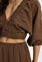 Women's oversized wide cut 100% cotton double breasted collar crop ruffled brown shorts skirt set - 6