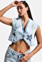 Women's Denim Color T-12S6-99 Embroidery Detailed Crop Fit Design Denim Vest - 2