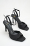 Women's Black Satin Ankle Strap Heeled Shoes
