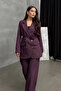 Women's Two-Piece Blazer Jacket and Trousers Set with Accessory and Button Detail, Wide-Leg - 3