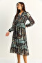 Women's Khaki Elastic Waist V-Neck Button Detailed Lined Patterned Chiffon Dress 2137 60286158 - 6