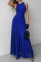 Women's Strappy Crew Neck Asymmetrical Hem Tulle Detailed Long Imported Crepe Dress - 2