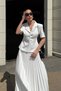 White Pleated Skirt Short Sleeve Blazer Jacket Suit - 6