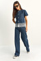Women's Navy Blue Lace Detailed Short Sleeve Jacket Wide Leg Denim Trousers Set 8211 60286152 - 3