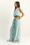 Women's Aqua Green Embroidered Elastic Balloon Crop Blouse Wide Leg Pants Set 8037 60286157 - 5