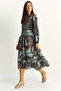 Women's Khaki Elastic Waist V-Neck Button Detailed Lined Patterned Chiffon Dress 2137 60286158