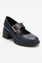 Genuine Leather Navy Blue Heeled Mary Jane Women's Shoes with Buckle and Strap Real Leather Classic Heels - 5