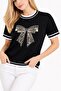 Women's Bow-Patterned T-Shirt with Pearl and Stone Details - 3