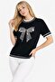 Women's Bow-Patterned T-Shirt with Pearl and Stone Details - 4