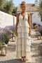 Beige Halter Neck Sleeveless Layered Ruffle Casual Cotton Long Woven Dress 145 45 - 5