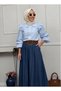 Women's Baby Blue Scallop Detailed Wide Collar Balloon Sleeve Cotton Linen Shirt Blouse - 5