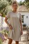 Organic Cotton Dark Beige Boat Neck Short Sleeve Double Pockets Casual Muslin Woven Dress 95 60 - 4