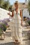 Beige Halter Neck Sleeveless Layered Ruffle Casual Cotton Long Woven Dress 145 45 - 3