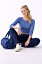 Women's Navy Blue Modal Stretchy Soft Textured Wide Leg Comfortable Wide Cut Modal Fabric Sweatpants - 3
