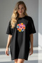 Elbisee Women's Red Oversize T-Shirt Dress – Colorful Floral Bouquet Printed