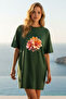 Elbisee Women's Red Oversize T-Shirt Dress – Orange Floral Bouquet Printed