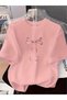 Plus Size,Women's Fashionable Pink Bow Decorated Short Sleeve Printed T-Shirt