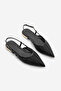 Women's Pointed Toe Hand Knitted Gold Metal Heel Open Back Strap Ballerinas Retas Black - 5