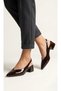 Women's Bitter Brown Patent Leather Pointed Toe Open Back Slip on Block Heeled Shoes - 3