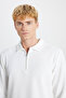 Men's Ecru Standard Fit Polo Collar Jacquard Stretchy Long Sleeve T-Shirt - 4