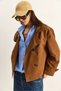 Women's Tan Stand Collar Lined Short Trench Coat with Pocket Detail 2081 60283980 - 4