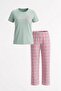 Women's Green Pink Plaid Pattern 3-Button Seasonal Lycra Viscose Short Sleeve Pajama Set - 2