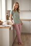 Women's Green Pink Plaid Pattern 3-Button Seasonal Lycra Viscose Short Sleeve Pajama Set - 6