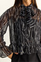 Women's Black Gathered Sleeve Detailed Tie-Neck Patterned Chiffon Blouse 1033 60286091 - 6
