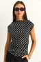 Women's Black and White Degaje Collar Polka Dot Lycra Blouse with Drawstring Detail on the Sides 6157 60286128 - 4