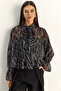 Women's Black Gathered Sleeve Detailed Tie-Neck Patterned Chiffon Blouse 1033 60286091 - 2