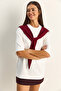 Women's White Claret Red Shawl Detailed Oversize Basic T-Shirt 1094 60286118 - 5