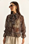 Women's Bitter Brown Gathered Sleeve Detailed Tie-Collar Patterned Chiffon Blouse 1033 60286091 - 4