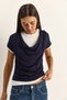 Women's Navy Blue Double Layered Look Degaje Collar Short Sleeve T-Shirt 6140 60286132 - 4