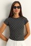 Women's Black-White Crew Neck Polka Dot Short Sleeve Lycra Crop T-Shirt 6137 60286127 - 2
