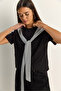 Women's Black Striped Shawl Detailed Relaxed Basic T-Shirt 7679 60286112 - 3