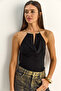 Women's Black Halter Neck Blouse with Metal Accessories 2307 60286131