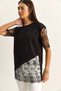 Women's Black Crew Neck Lace Garnished Asymmetrical Cut Relaxed Fit T-Shirt 2225 60286125 - 5